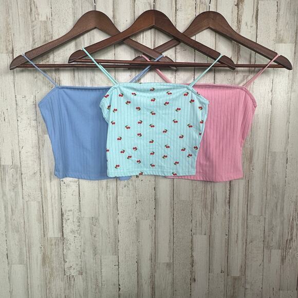 Rue 21 Spaghetti Tank Top Cropped 3 Set XS Small Pink Blue Cherries Y2K Festival - Picture 2 of 7